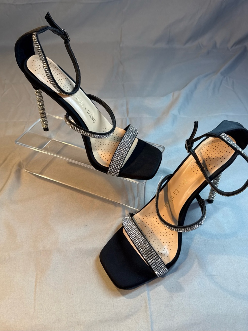 Azalea Wang Black Crystal Strap Stiletto Sandals